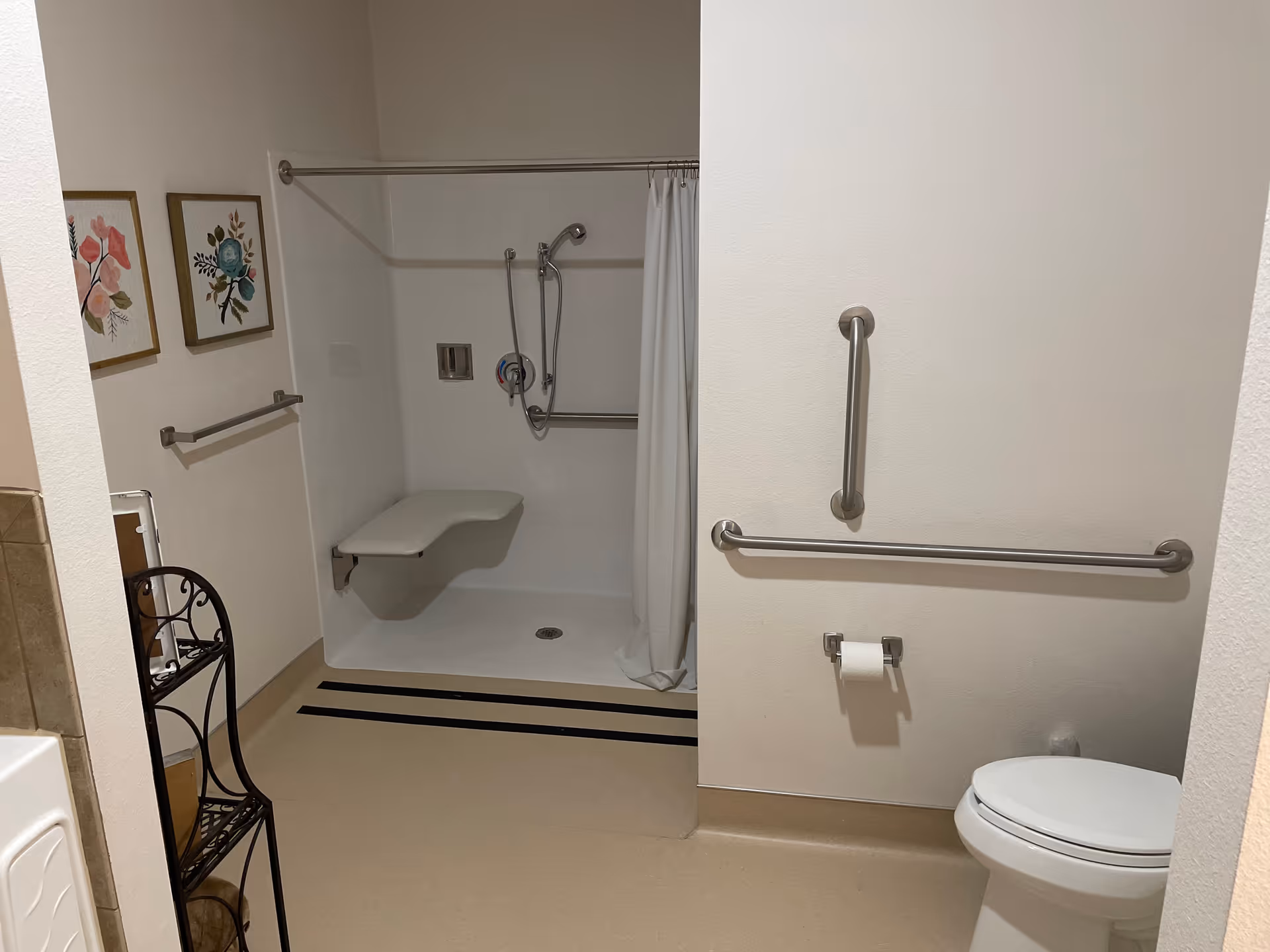 A bathroom with a walk-in shower that has a fold-down seat and grab bars. There is a toilet with grab bars on the wall beside it. Two framed floral pictures hang on the wall near the shower. A metal shelf unit is partially visible on the left side.
