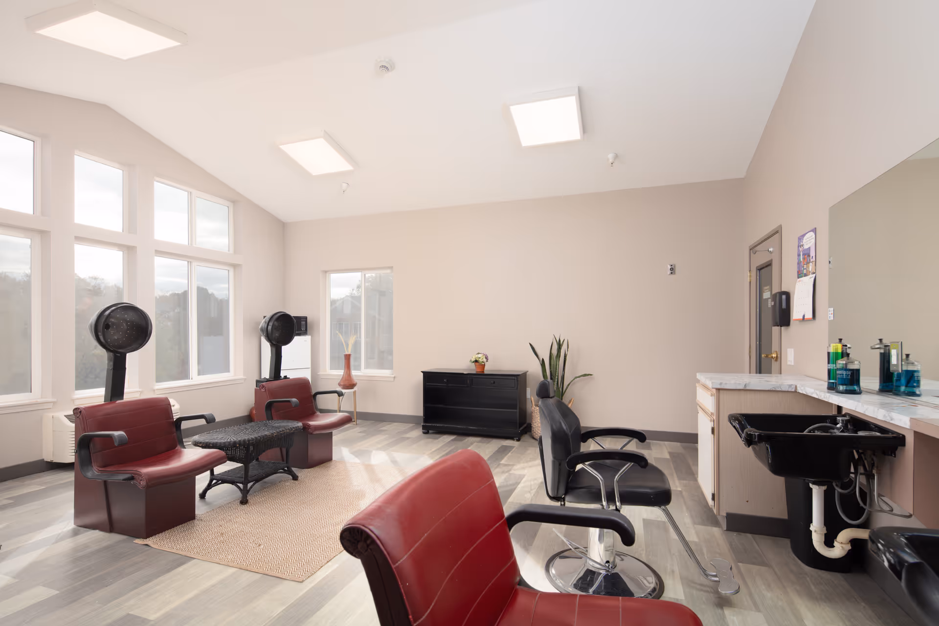 Bright and spacious hair salon area with large windows, two red salon chairs with hair dryers, two black styling chairs in front of a counter with a sink, and a black cabinet with plants and a vase in the background.