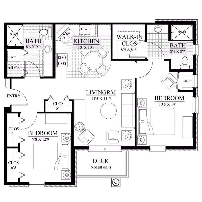 Architectural floor plan of a two-bedroom apartment unit at Walnut Grove Retirement Community, showing entry, two bedrooms with closets, two bathrooms with showers, a kitchen with dining area, a living room, a walk-in closet, and a deck area.