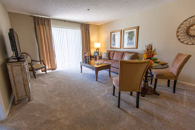 Sunlit living room with a sofa, coffee table, TV on a stand, and a small dining table with chairs near sliding glass doors.