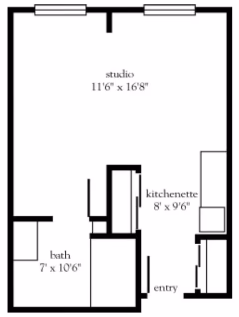 Floor plan of a studio apartment at Atria Campana del Rio showing a studio area measuring 11 feet 6 inches by 16 feet 8 inches, a kitchenette measuring 8 feet by 9 feet 6 inches, a bathroom measuring 7 feet by 10 feet 6 inches, and an entry area.