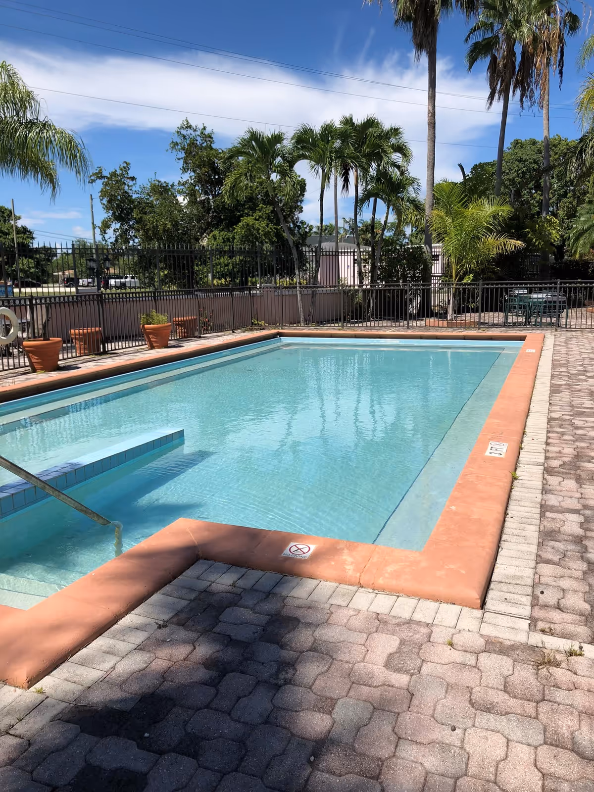 Outdoor swimming pool with clear water, palm trees, potted plants, and brick pavers surrounding it at a community facility.