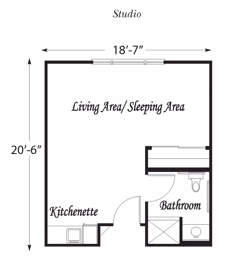 Floor plan of a studio apartment showing a combined living and sleeping area, a kitchenette, and a bathroom. The dimensions are 18 feet 7 inches by 20 feet 6 inches.