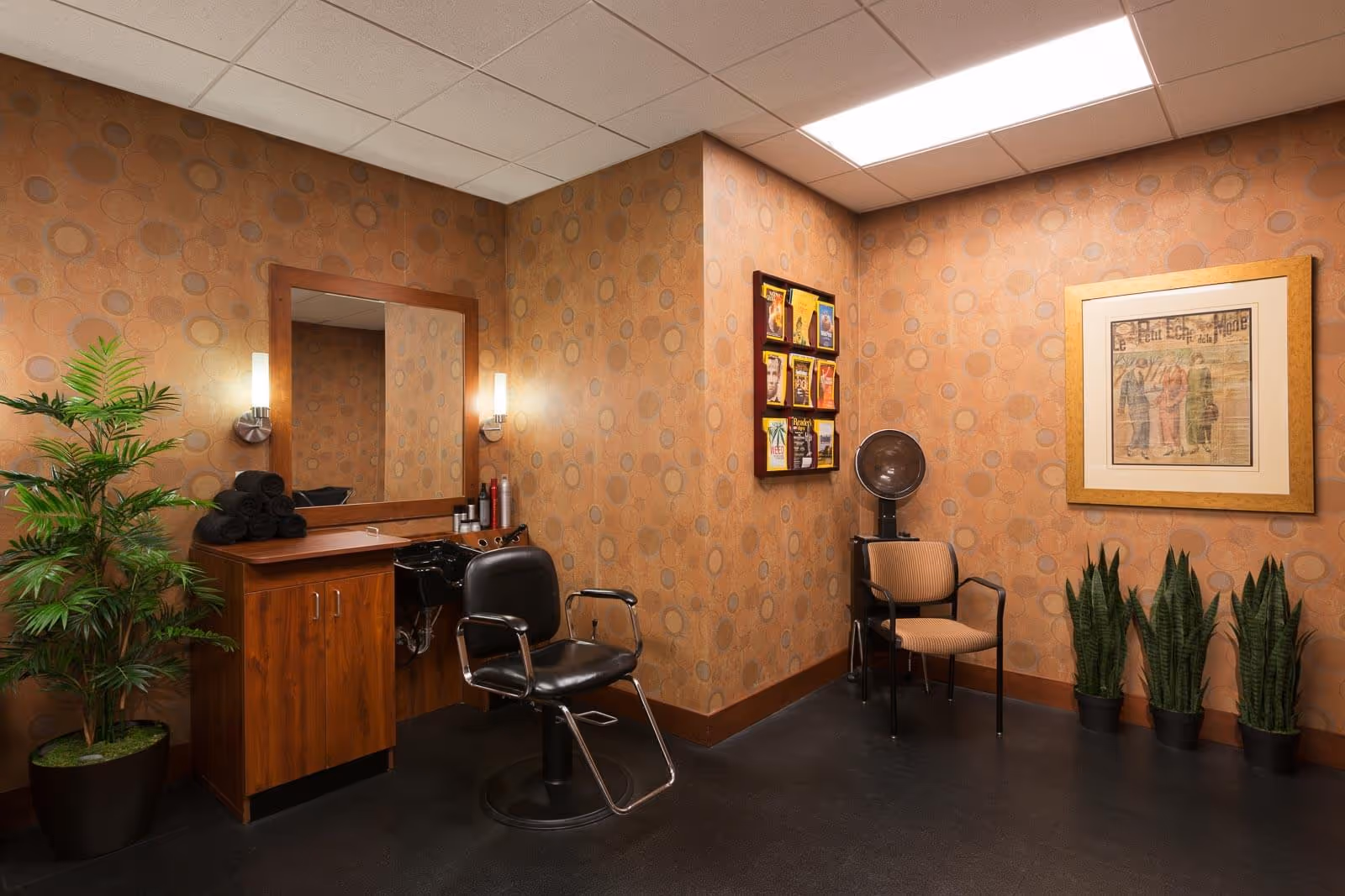 Small salon/styling room with a mirror and styling chair, hooded hair dryer, cabinets, plants, and framed artwork on patterned walls.