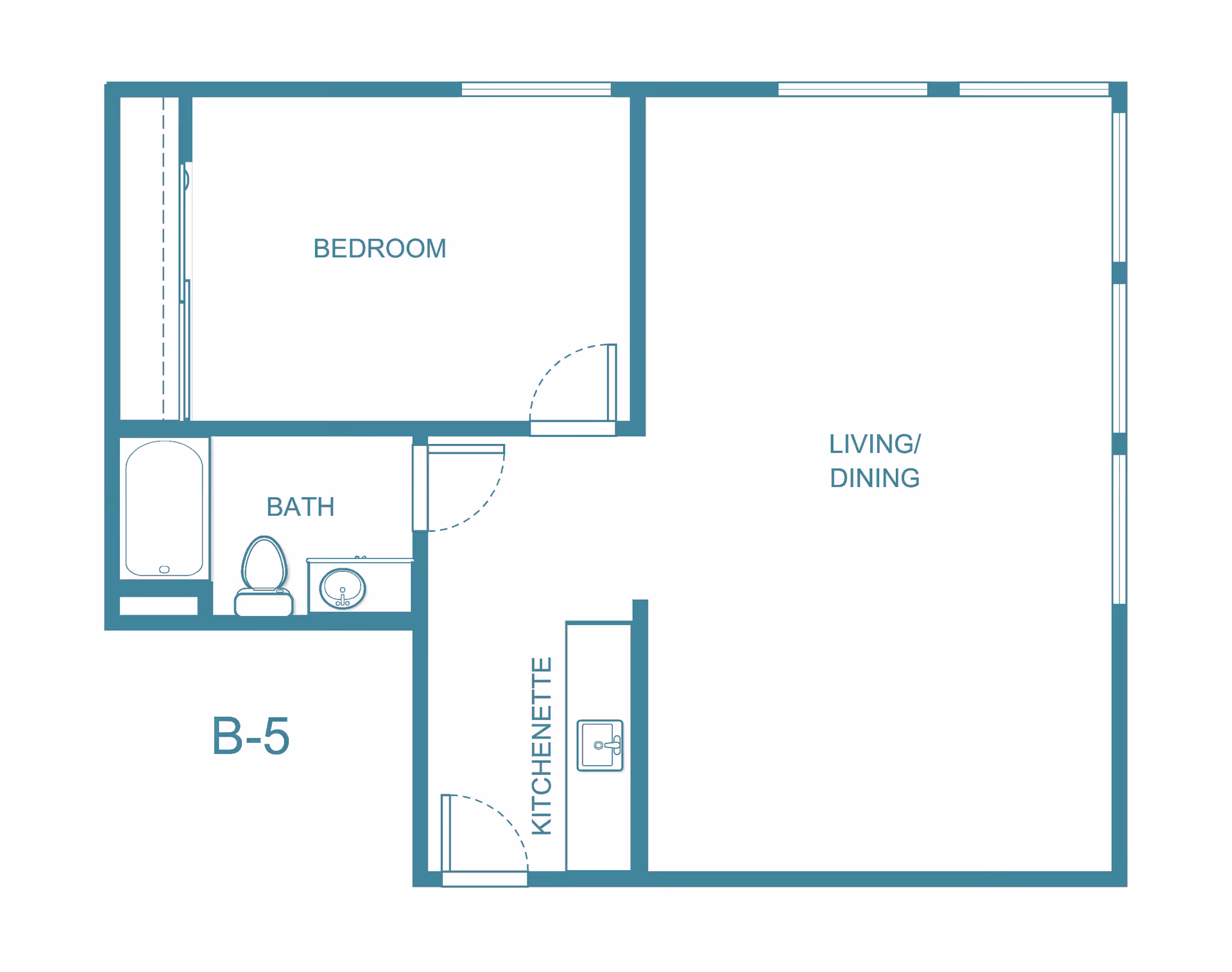 Floor plan of a senior living unit labeled B-5 at Columbus Estates, showing a bedroom, bathroom with bathtub, toilet and sink, kitchenette with sink, and a combined living and dining area.