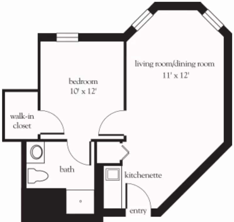 Floor plan of a senior living unit at Atria Glen Cove showing a bedroom with walk-in closet, bathroom, kitchenette, entry, and a combined living room/dining room area.