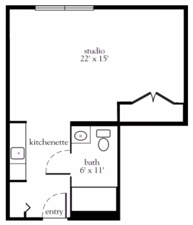 Floor plan of a studio apartment at Atria Tanglewood showing a 22 by 15 feet studio area, a kitchenette near the entry, and a bathroom measuring 6 by 11 feet with a sink and toilet.