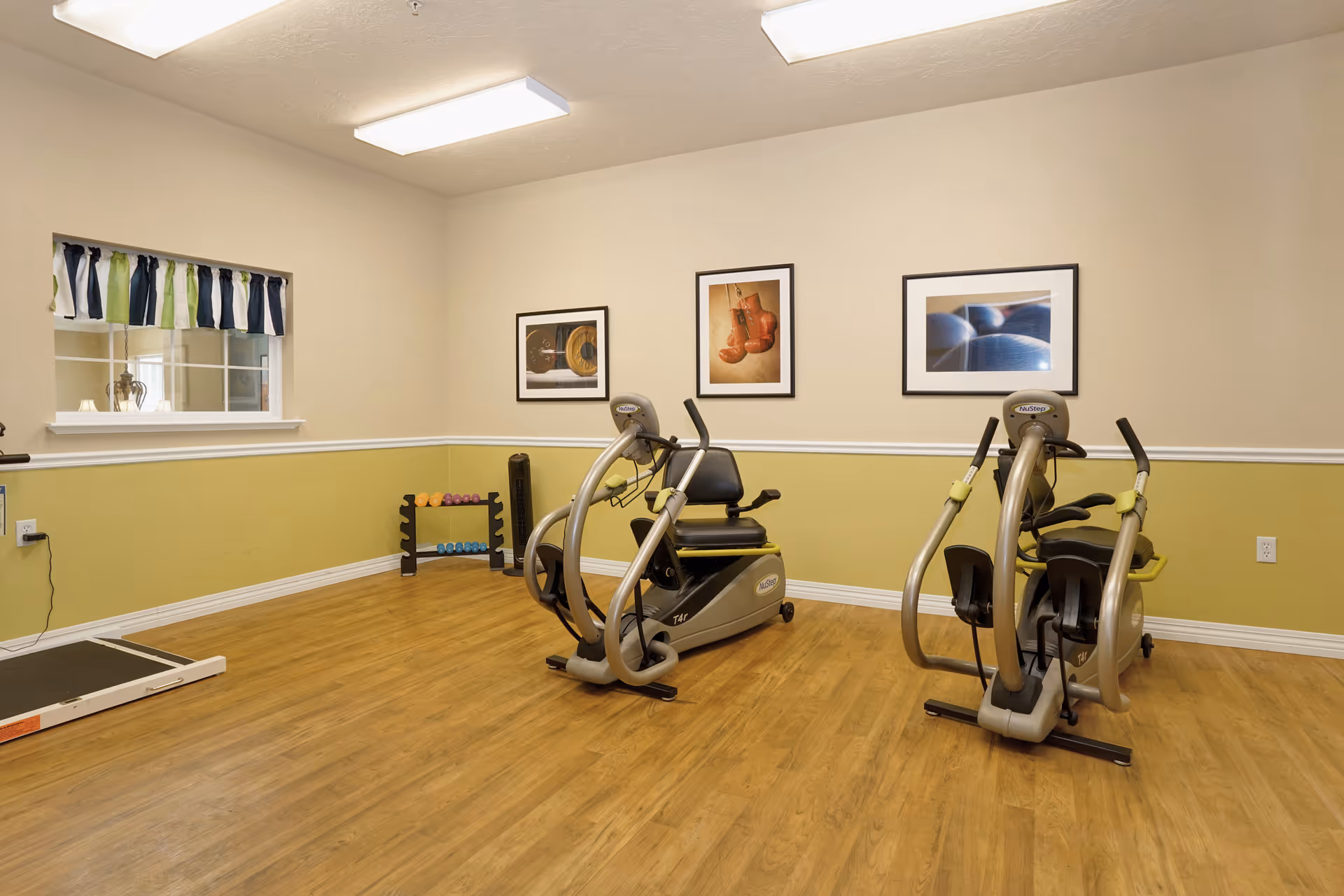 A small exercise room with two NuStep recumbent cross trainers on a wood floor. The walls are painted beige and light green with a white chair rail. There is a small window with a blue, white, and green valance, a rack of colorful dumbbells, and three framed pictures on the wall depicting boxing gloves, weights, and exercise balls.