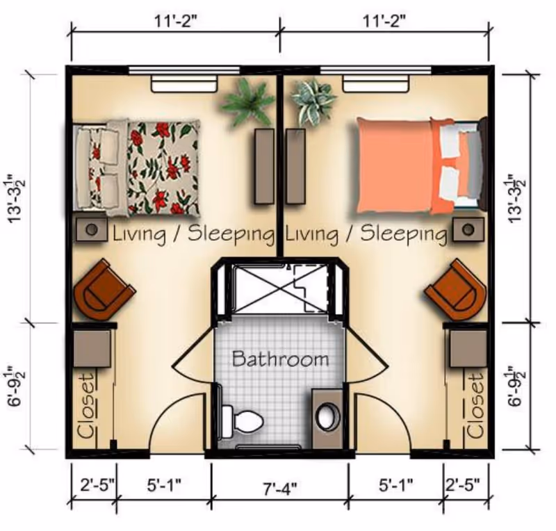 Colored floor plan of two adjacent living/sleeping rooms with a central shared bathroom, closets, furniture, and exterior measurements.