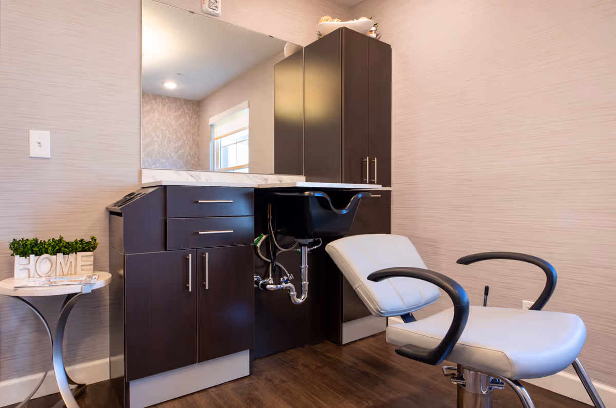 Interior salon area with a shampoo sink, salon chair, dark wood cabinets and a large mirror.