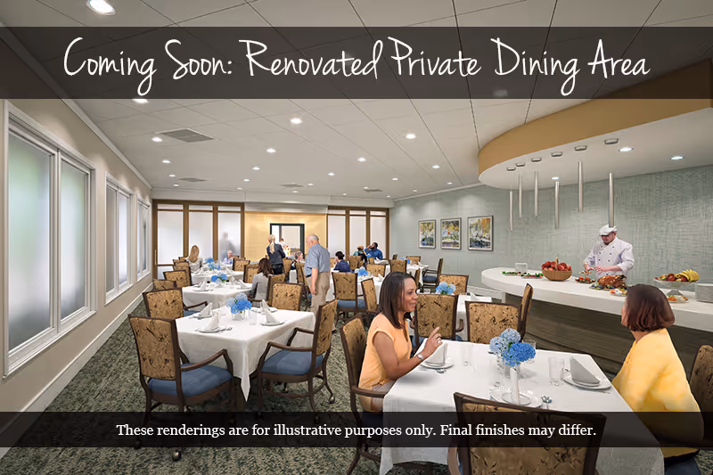 A spacious private dining room with multiple set tables and chairs, residents seated and standing, and a chef serving at a buffet counter with promotional text banners overlaid.