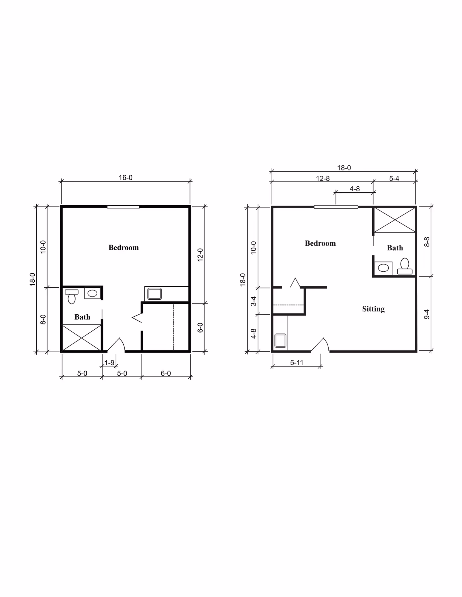 Architectural floor plans showing two different layouts of a living space. Each layout includes a bedroom, a bathroom, and additional areas such as a sitting room or closet space. Dimensions are marked in feet and inches around the perimeter and within the rooms.