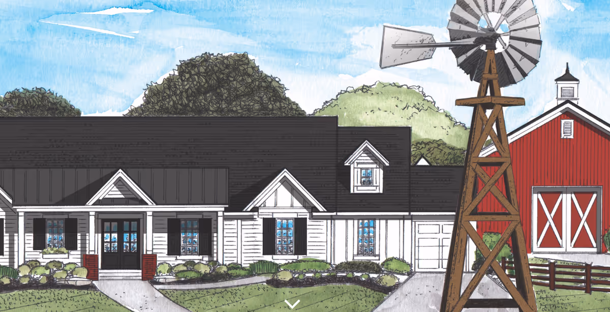 Illustrated front view of a farmhouse-style building with a windmill and red barn in the background.