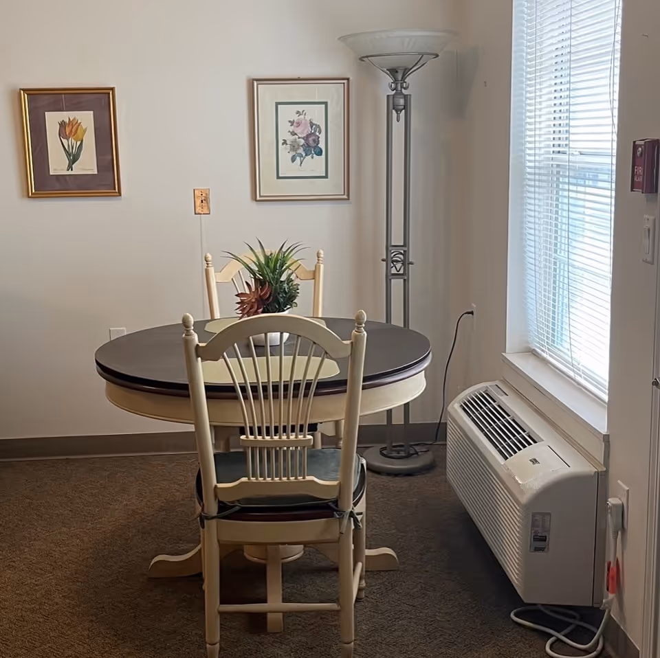 A small dining area with a round wooden table and two chairs. The table has two placemats and a potted plant centerpiece. On the wall behind the table are two framed floral pictures. To the right is a tall floor lamp and a window with blinds. Below the window is a wall-mounted air conditioning unit.