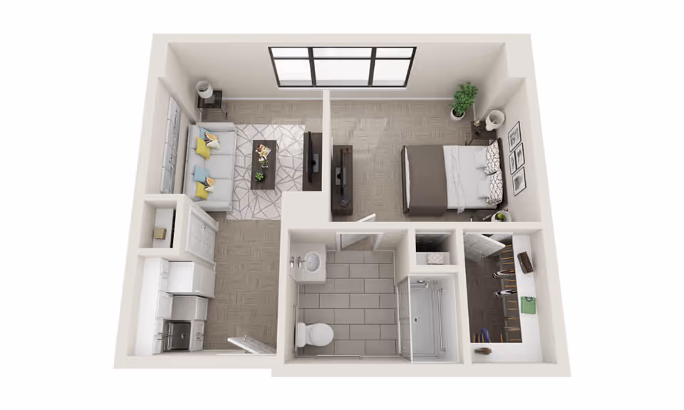 3D floor plan of a one-bedroom apartment featuring a living room with a sofa, coffee table, and TV, a kitchen with appliances, a bedroom with a bed and nightstands, a bathroom with a toilet, sink, and shower, and a walk-in closet.