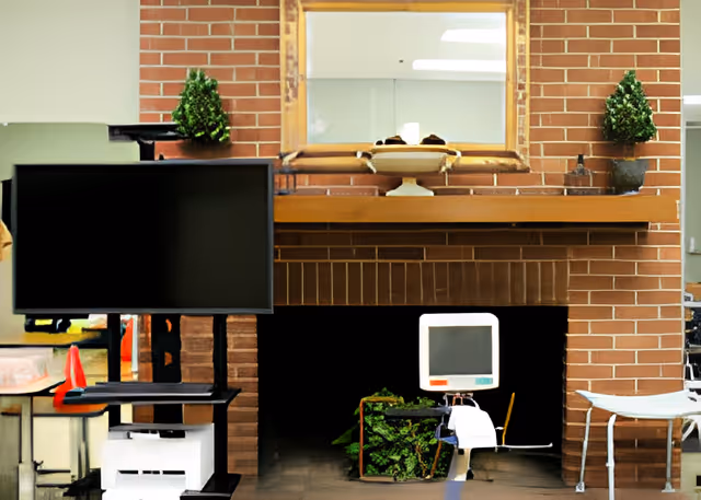 A room with a brick fireplace, a large mirror above the mantel, two small potted plants on either side of the mantel, a flat-screen TV on a stand to the left, and a medical monitor on a stand in front of the fireplace. There is a white chair to the right and some furniture and equipment visible in the background.