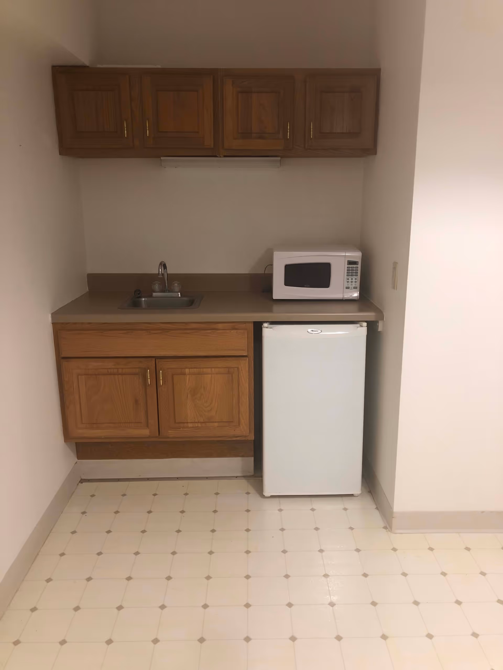 Small kitchenette with wooden upper and lower cabinets, a countertop sink, a microwave and a mini refrigerator.