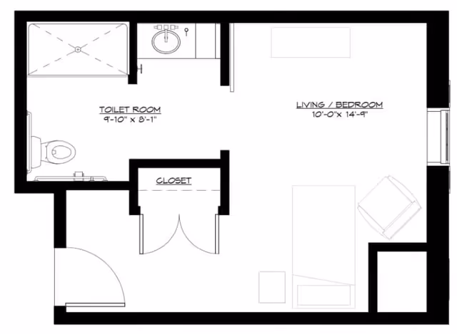 Architectural floor plan of a senior living unit at Cherry Blossom Senior Living showing a combined living and bedroom area measuring 10 feet by 14 feet 9 inches, a toilet room with a shower, sink, and toilet measuring 9 feet 10 inches by 8 feet 1 inch, and a closet near the entrance.