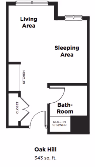 Floor plan of a 343 square feet unit named Oak Hill at Hunt Trace, showing a living area, sleeping area, kitchen, closet, and bathroom with a roll-in shower.
