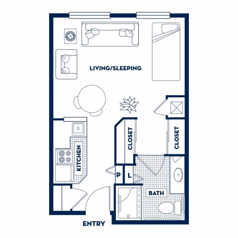 Studio apartment floor plan showing a combined living/sleeping area, kitchen, bathroom, closets, and entry.