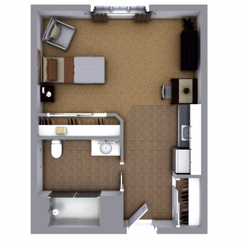 Top-down view of a studio apartment floor plan featuring a bedroom area with a bed, armchair, and nightstand, a bathroom with a toilet, sink, and shower, a kitchen area with cabinets, sink, and appliances, and a small dining/work desk with a chair.