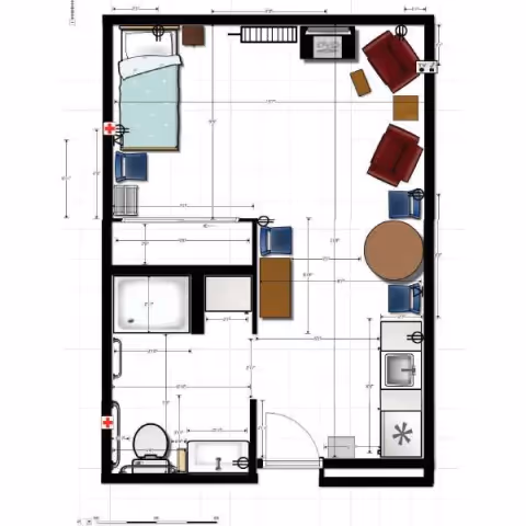 Top-down floor plan of a compact assisted living apartment showing a bedroom, bathroom, kitchenette, and a small living/dining area with seating.