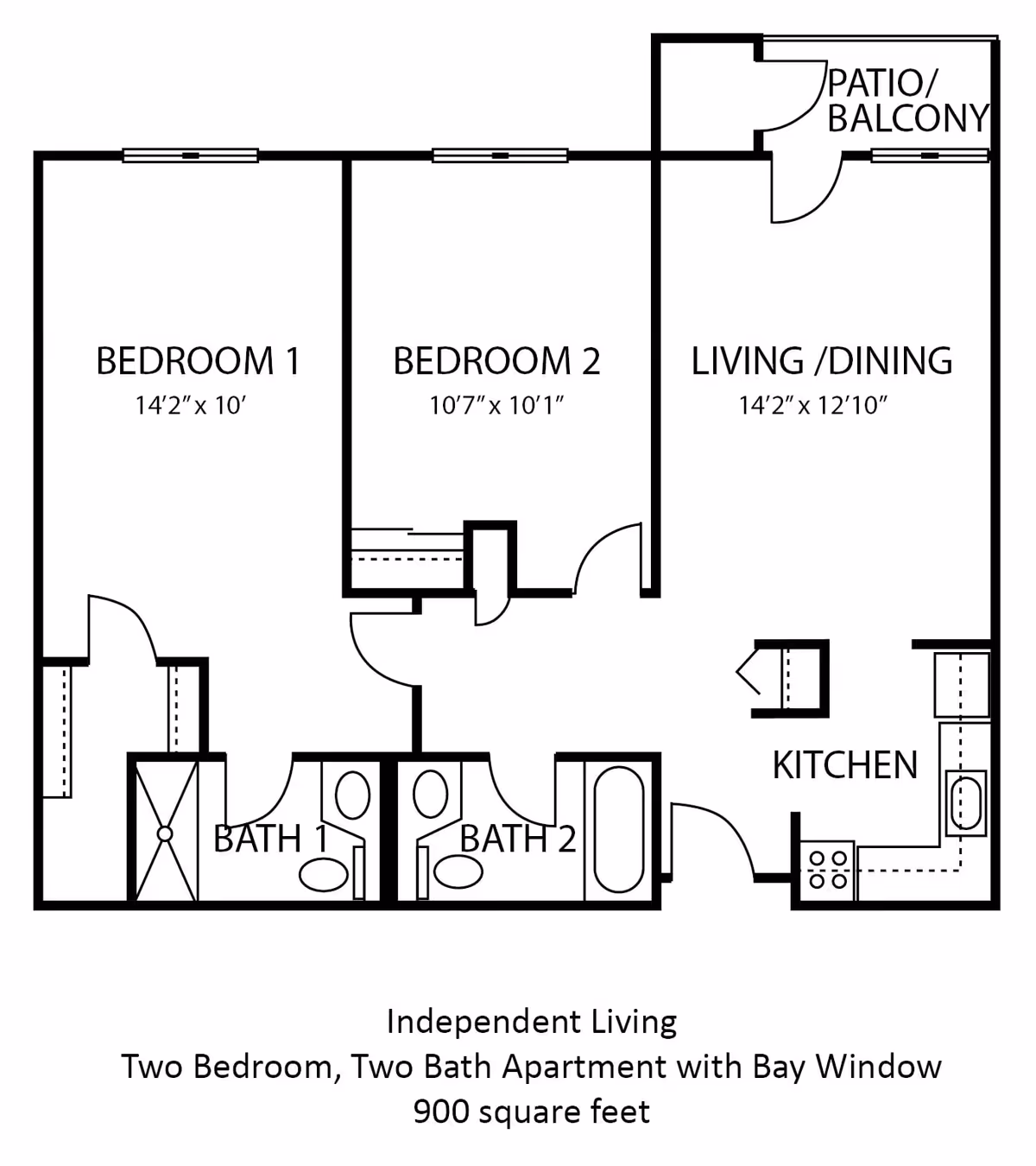 Floor plan of an independent living two-bedroom, two-bath apartment with a bay window, totaling 900 square feet. The layout includes Bedroom 1 (14'2" x 10'), Bedroom 2 (10'7" x 10'1"), two bathrooms, a living/dining area (14'2" x 12'10"), a kitchen, and a patio/balcony.