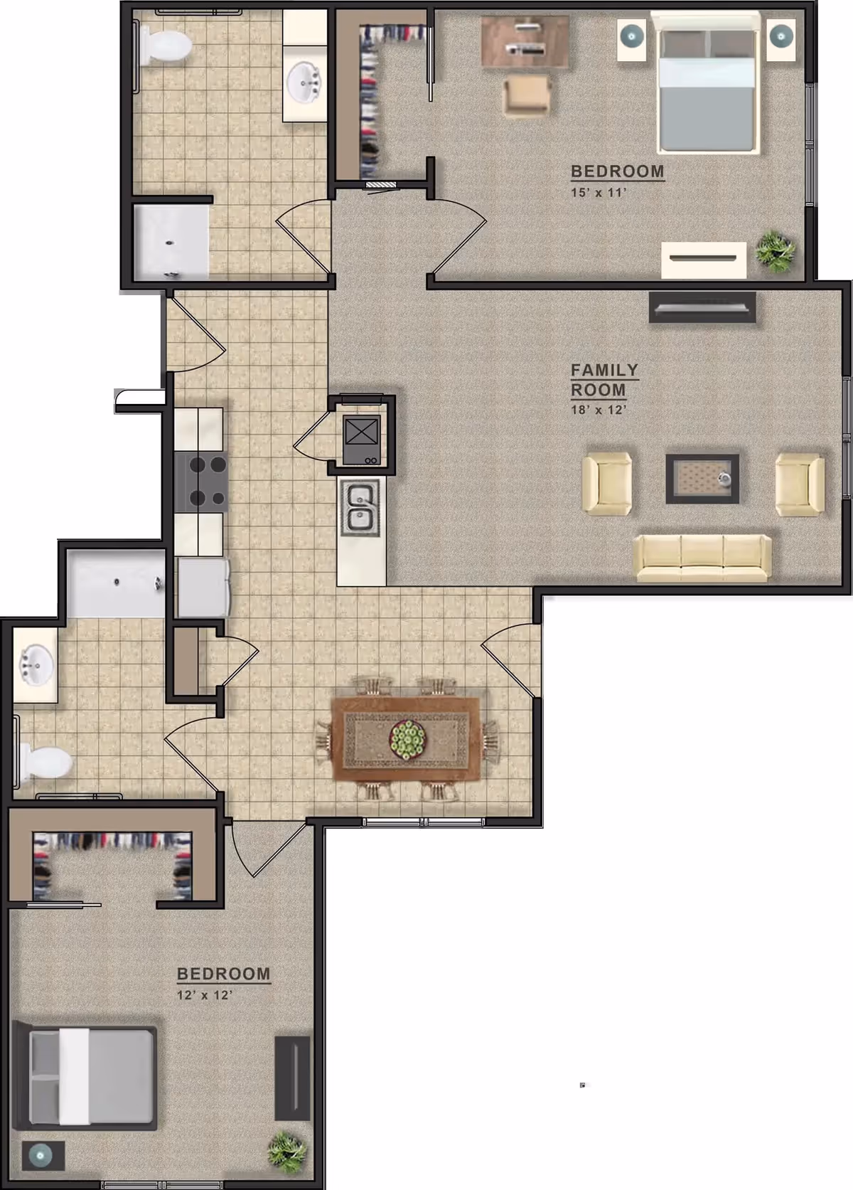 Top-down floor plan of a two-bedroom, two-bath apartment showing a family room, kitchen, dining area and closets.