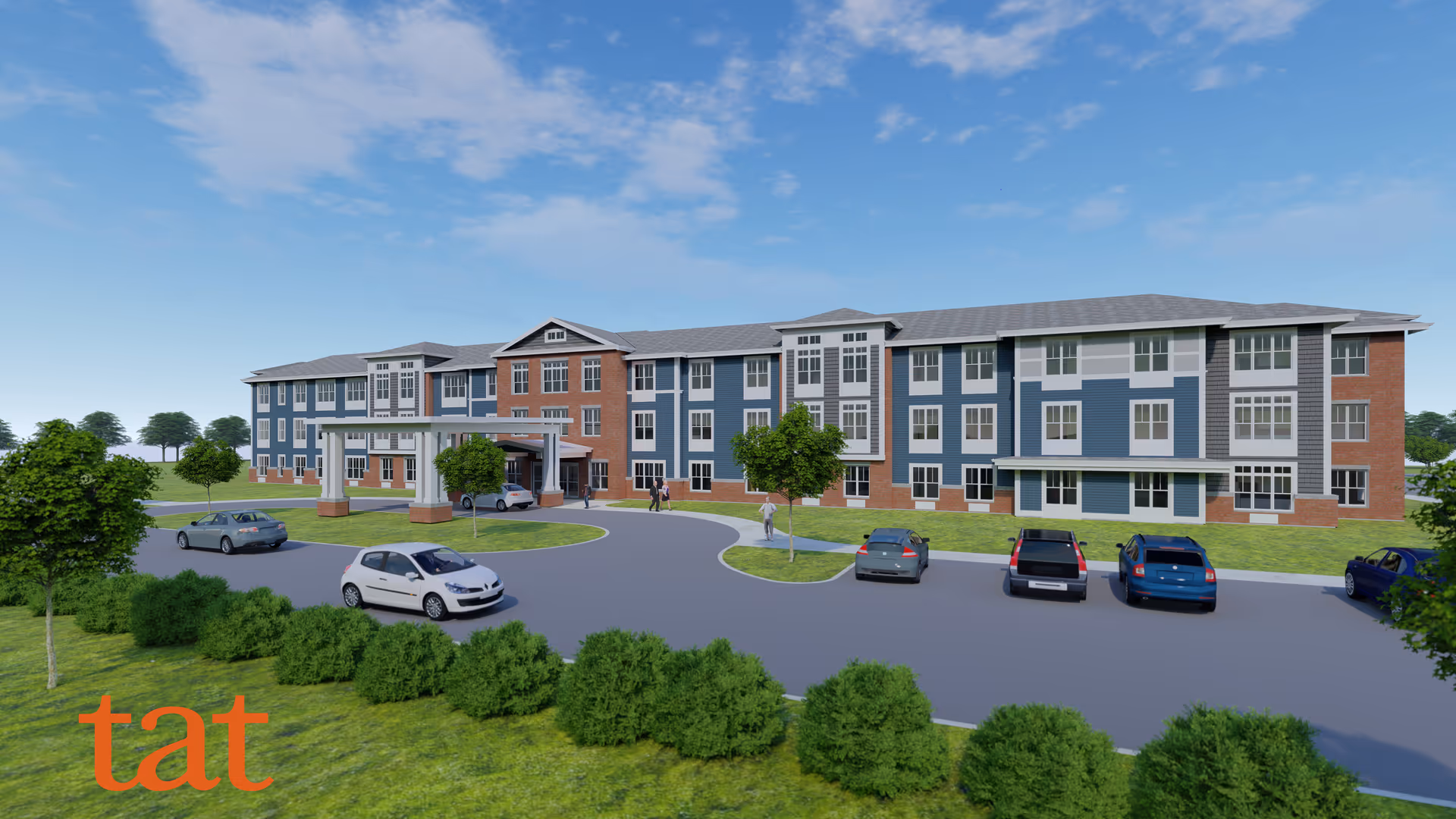 Three-story brick-and-blue exterior senior living building with a covered entrance, parked cars, and landscaped grounds under a blue sky.