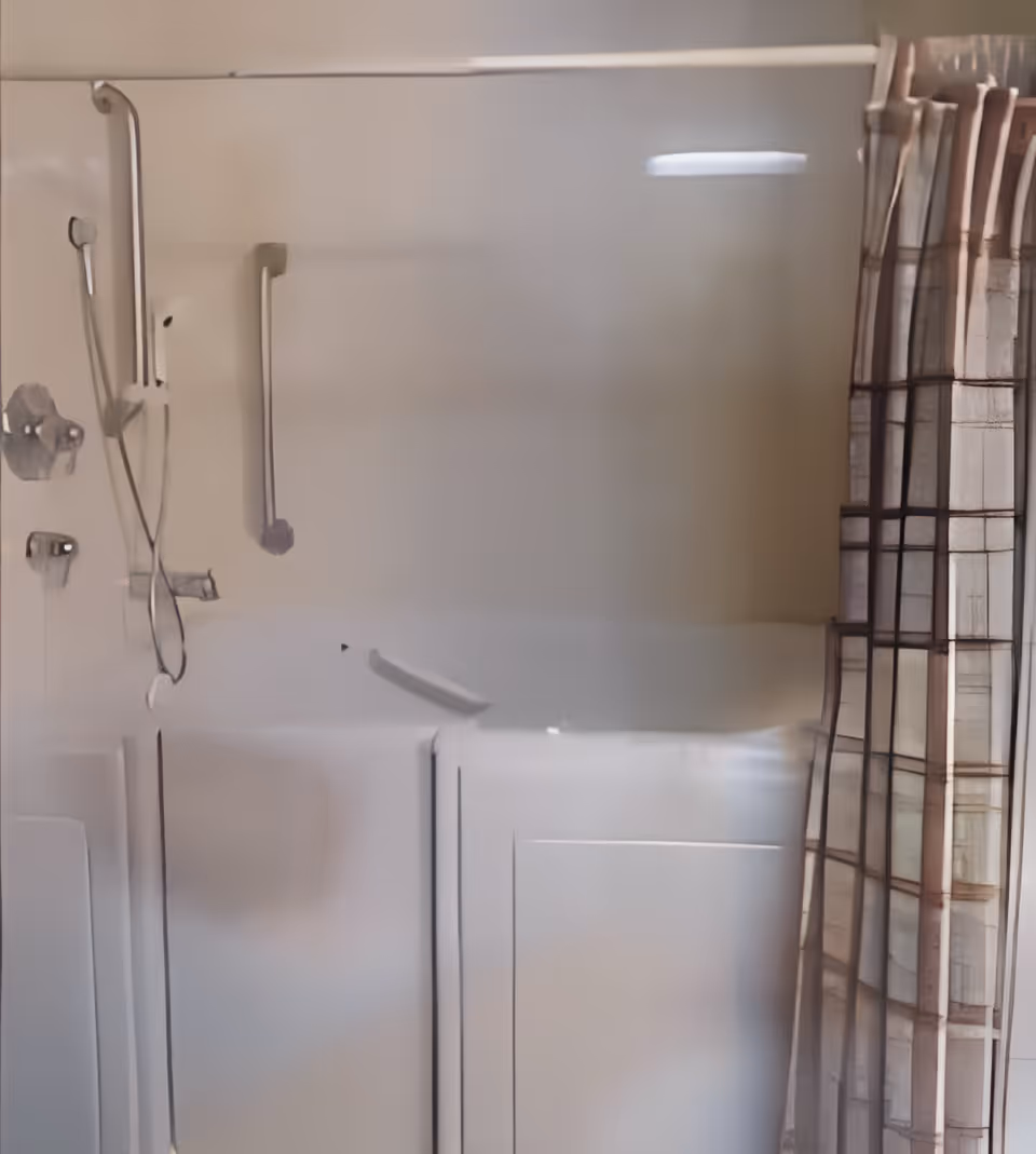 Walk-in bathtub and shower with a grab bar, handheld showerhead, and a patterned shower curtain.