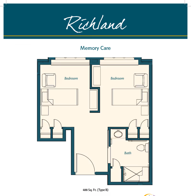 Floor plan layout labeled Richland for Memory Care, showing two bedrooms each with a bed and chair, a shared bathroom with a sink, toilet, and shower, and an entry area.