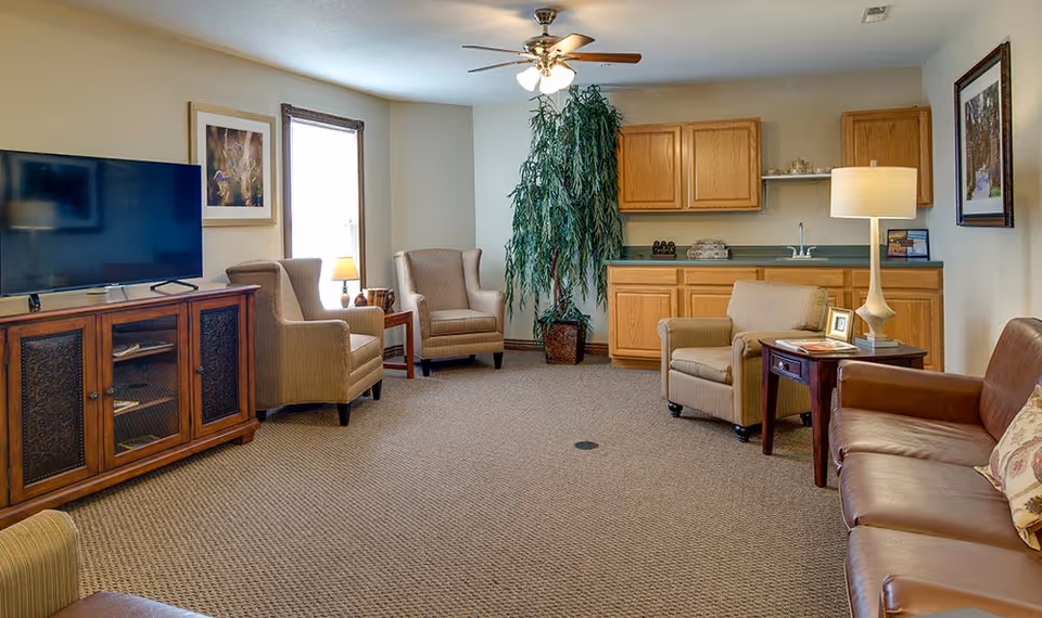 A cozy senior living common area with beige armchairs and a brown leather sofa arranged around a wooden TV stand with a flat-screen television. The room features a ceiling fan with lights, a large potted plant, wooden cabinets with a countertop and sink, a floor lamp, framed artwork on the walls, and a window letting in natural light.