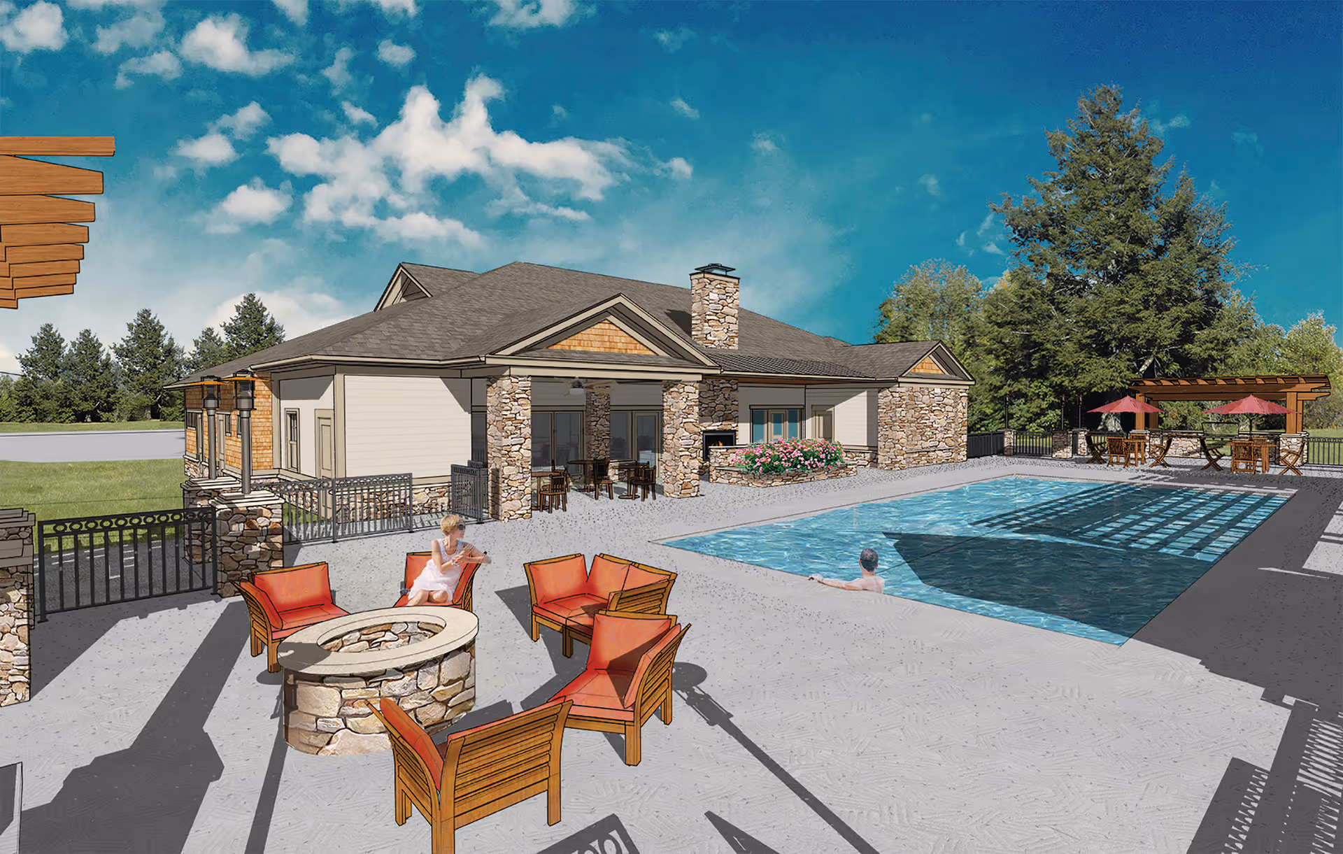 Outdoor area of a senior living facility featuring a swimming pool with a person in the water, a fire pit surrounded by four wooden chairs with red cushions, and a building with stone and wood accents in the background. There are tables with umbrellas and chairs under a pergola near the pool, and trees and a blue sky with clouds in the background.
