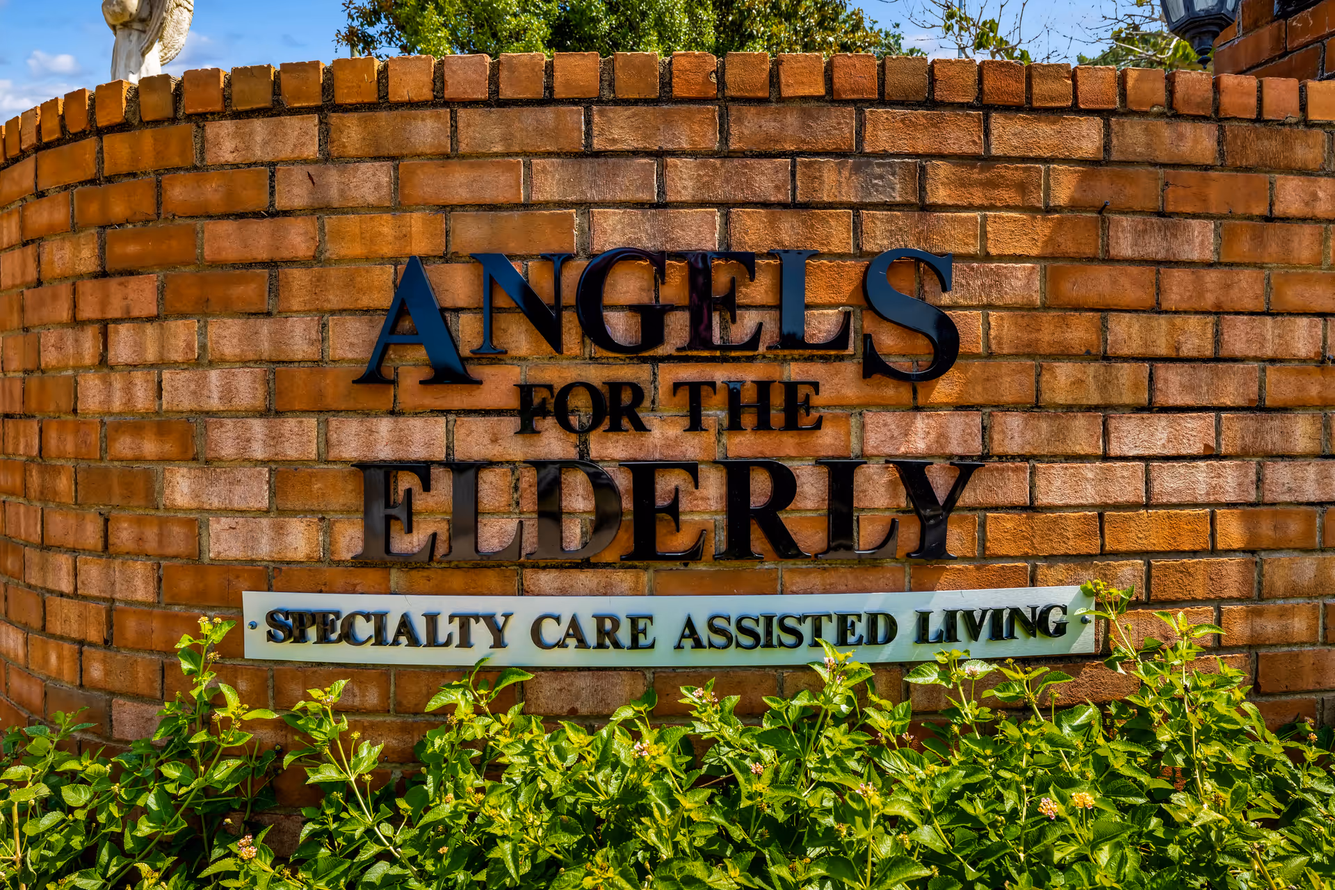 A brick wall with black metal letters spelling out 'ANGELS FOR THE ELDERLY' and a white sign below reading 'SPECIALTY CARE ASSISTED LIVING' with green plants growing at the base of the wall.