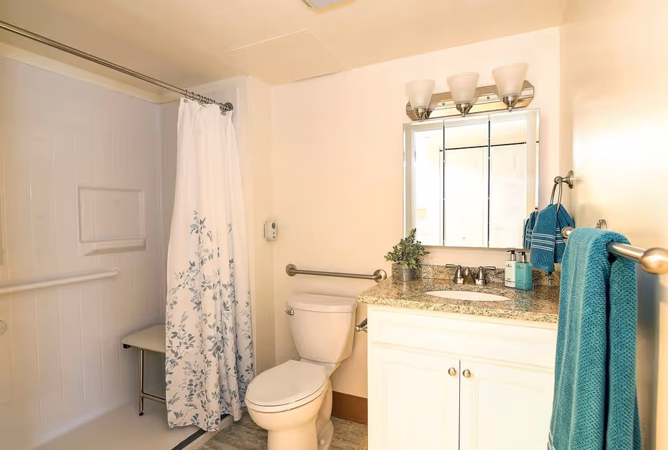 A clean and well-lit bathroom featuring a white toilet, a vanity with a granite countertop, a sink, and a mirror with three light fixtures above it. There is a shower area with a white curtain decorated with a blue floral pattern, a shower bench, and grab bars for accessibility. Blue towels hang on a towel rack beside the vanity.