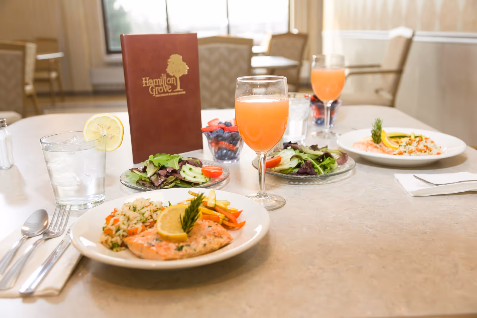 A dining table set with two plates of cooked salmon with lemon garnish, rice, and mixed vegetables, two glasses of orange juice, two small bowls of mixed berries, two plates of salad with cucumbers and cherry tomatoes, and two glasses of water with lemon slices. A brown menu with the Hamilton Grove Healthcare and Rehabilitation logo is placed on the table. The background shows a softly lit dining area with chairs and windows.