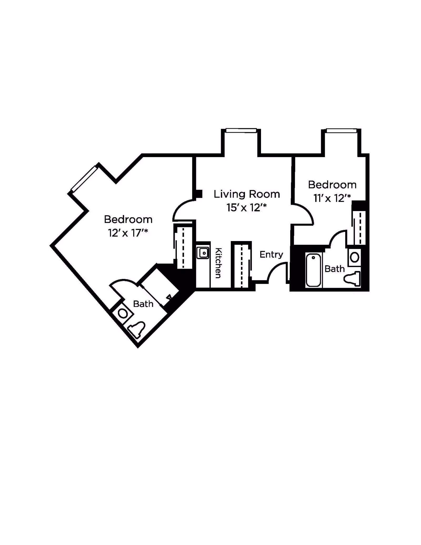 Floor plan of a residential unit showing two bedrooms, two bathrooms, a living room, a kitchen, and an entry area. The larger bedroom measures 12 by 17 feet and the smaller bedroom measures 11 by 12 feet. The living room is 15 by 12 feet. Each bathroom is adjacent to a bedroom.