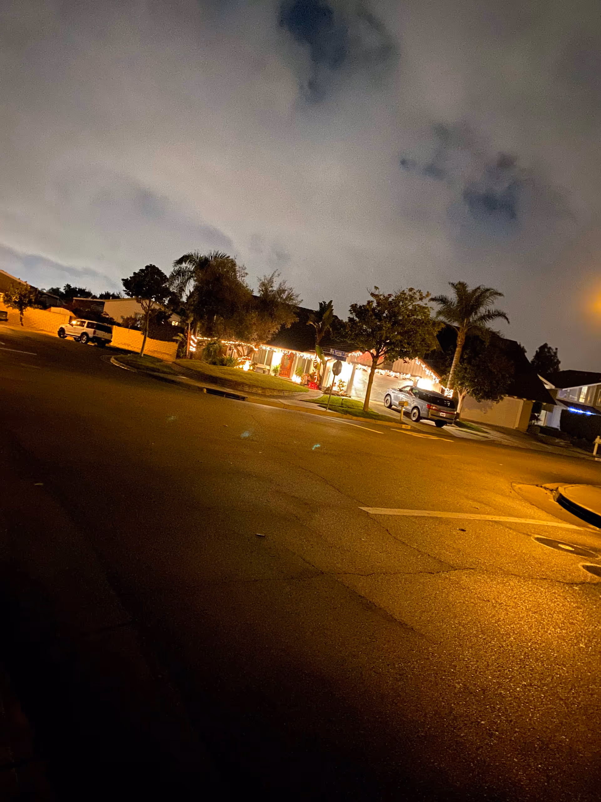 Nighttime street view of a residential neighborhood with houses decorated with string lights, palm trees, and parked cars under a cloudy sky.