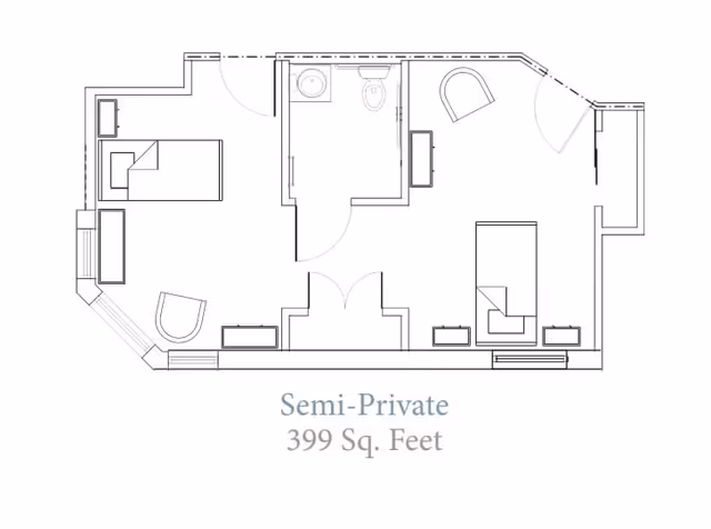 Architectural floor plan of a semi-private room measuring 399 square feet, showing two separate sleeping areas, a shared bathroom with a sink and toilet, and furniture placement including beds, chairs, and dressers.