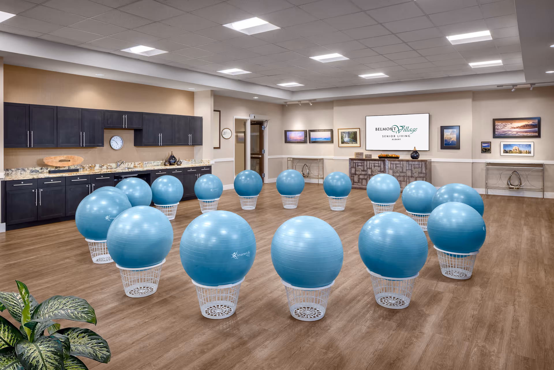 A spacious room with wooden flooring and beige walls, featuring a circle of blue exercise balls placed on white baskets. The room has dark wood cabinets with a granite countertop along one wall, a clock, and framed pictures on the walls. A screen displays the Belmont Village Senior Living Albany logo.