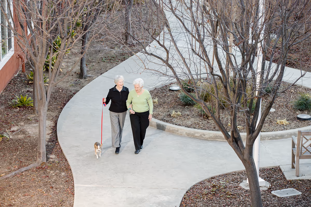 Two elderly women walking together on a curved concrete pathway in an outdoor garden area with leafless trees and some small plants. One woman is holding a red leash with a small dog. There is a wooden bench and part of a building visible on the left side.