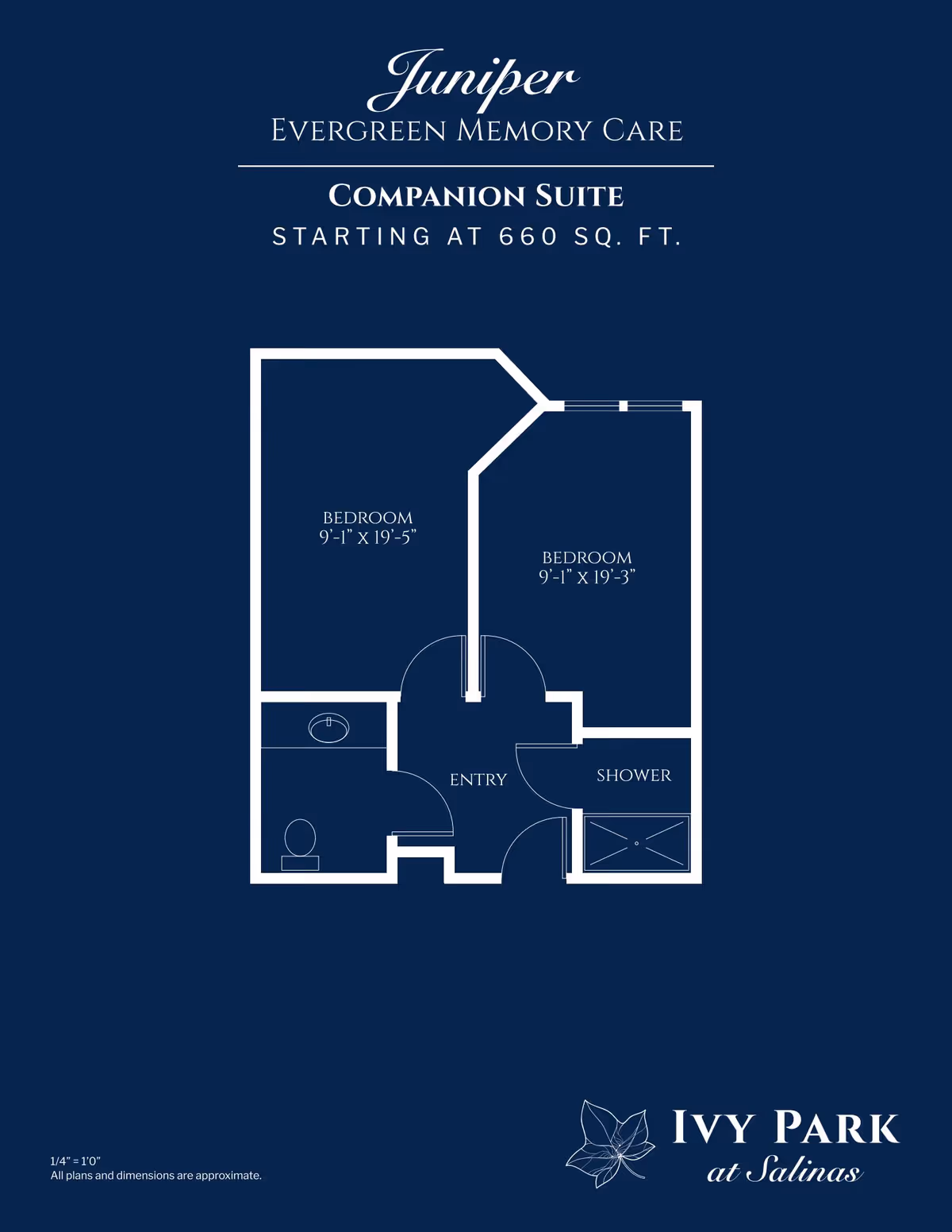 Floor plan of the Juniper Evergreen Memory Care Companion Suite at Ivy Park at Salinas, showing two bedrooms, an entry area, a bathroom with a toilet and sink, and a shower. The bedrooms measure approximately 9 feet 1 inch by 19 feet 5 inches and 9 feet 1 inch by 19 feet 3 inches respectively.