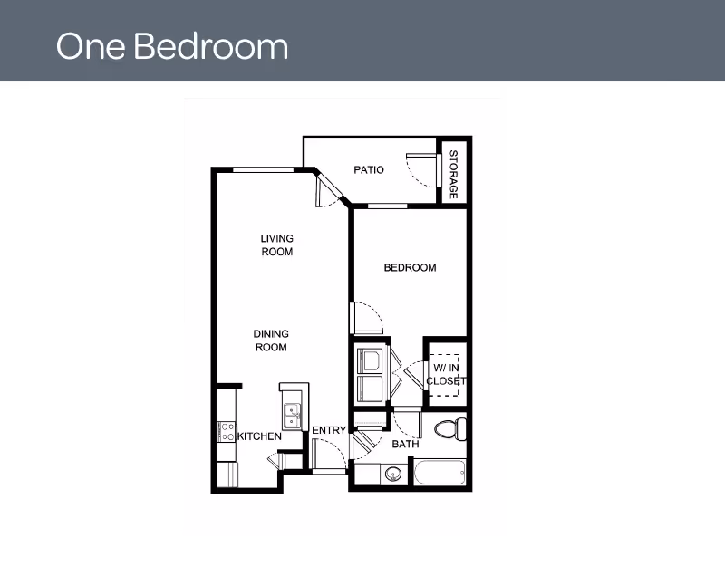 Floor plan of a one-bedroom apartment showing a living room, dining room, kitchen, bedroom with walk-in closet, bathroom, entry area, patio, and storage space.