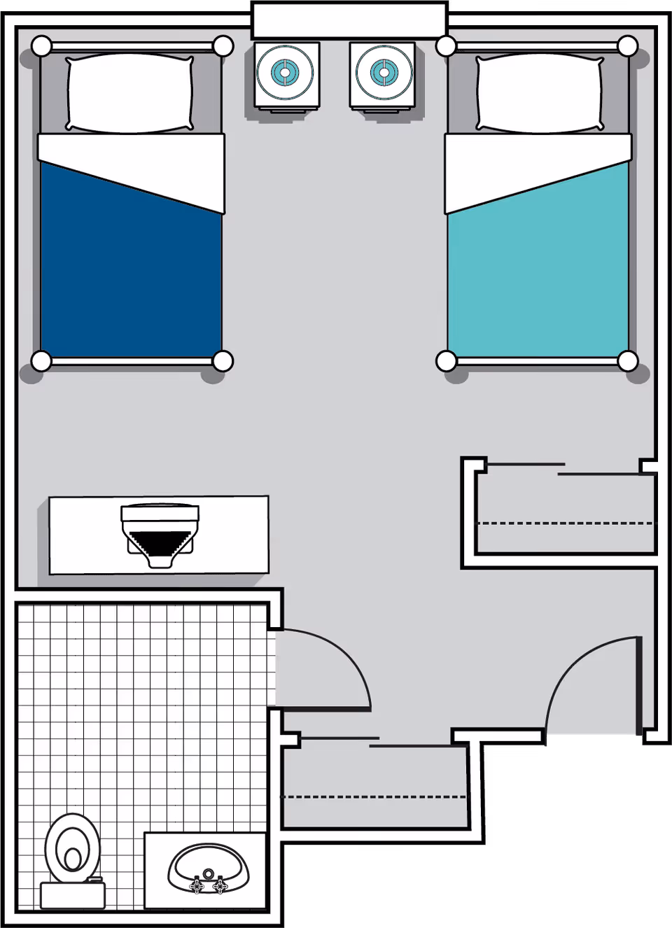 Floor plan of a room with two single beds, two nightstands between the beds, a desk with a chair, a closet, and an attached bathroom with a toilet and a sink.