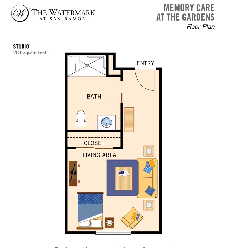 Floor plan of a 284-square-foot studio unit showing a living area with bed, sofa, chair and coffee table, plus a closet and bathroom.