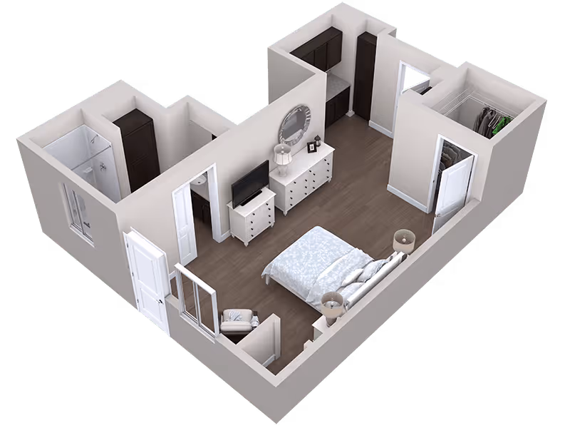 3D floor plan of a bedroom suite featuring a bed with bedside lamps, a dresser with a mirror, a TV on a stand, a small sitting area with a chair, a walk-in closet, and an attached bathroom with a shower.