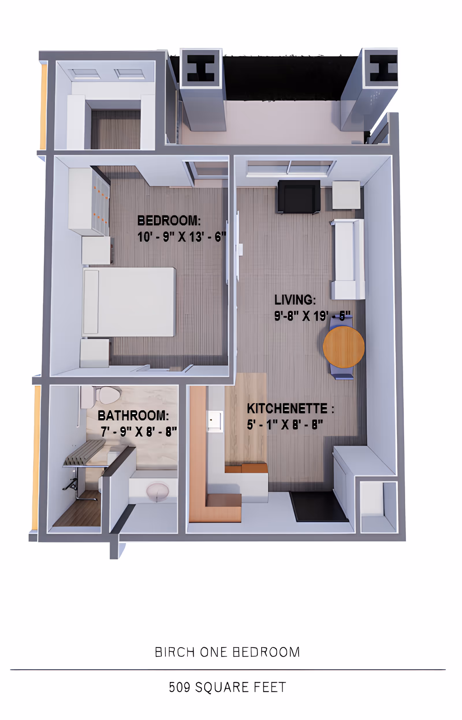 3D floor plan of Birch One Bedroom apartment at Birch Creek Assisted Living of Smithfield, showing a bedroom with a bed and wardrobe, a bathroom with a toilet and shower, a kitchenette with counters and appliances, and a living area with a sofa, chair, and round table. Dimensions are labeled for each room.
