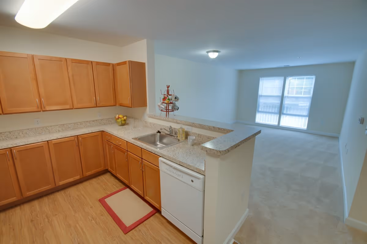 Interior view of a senior apartment showing a kitchen with wooden cabinets, a countertop with a sink, a dishwasher, and a small fruit bowl. Adjacent to the kitchen is a spacious living area with carpeted flooring and two large windows letting in natural light.