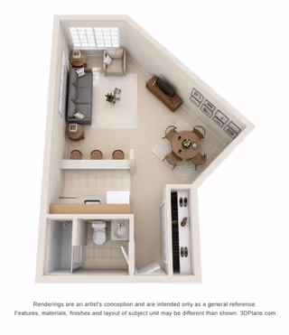 3D floor plan rendering of a small apartment unit featuring a living room with a sofa, armchair, coffee table, and TV stand; a dining area with a round table and four chairs; a kitchen with a counter and three bar stools; and a bathroom with a shower, toilet, and sink.