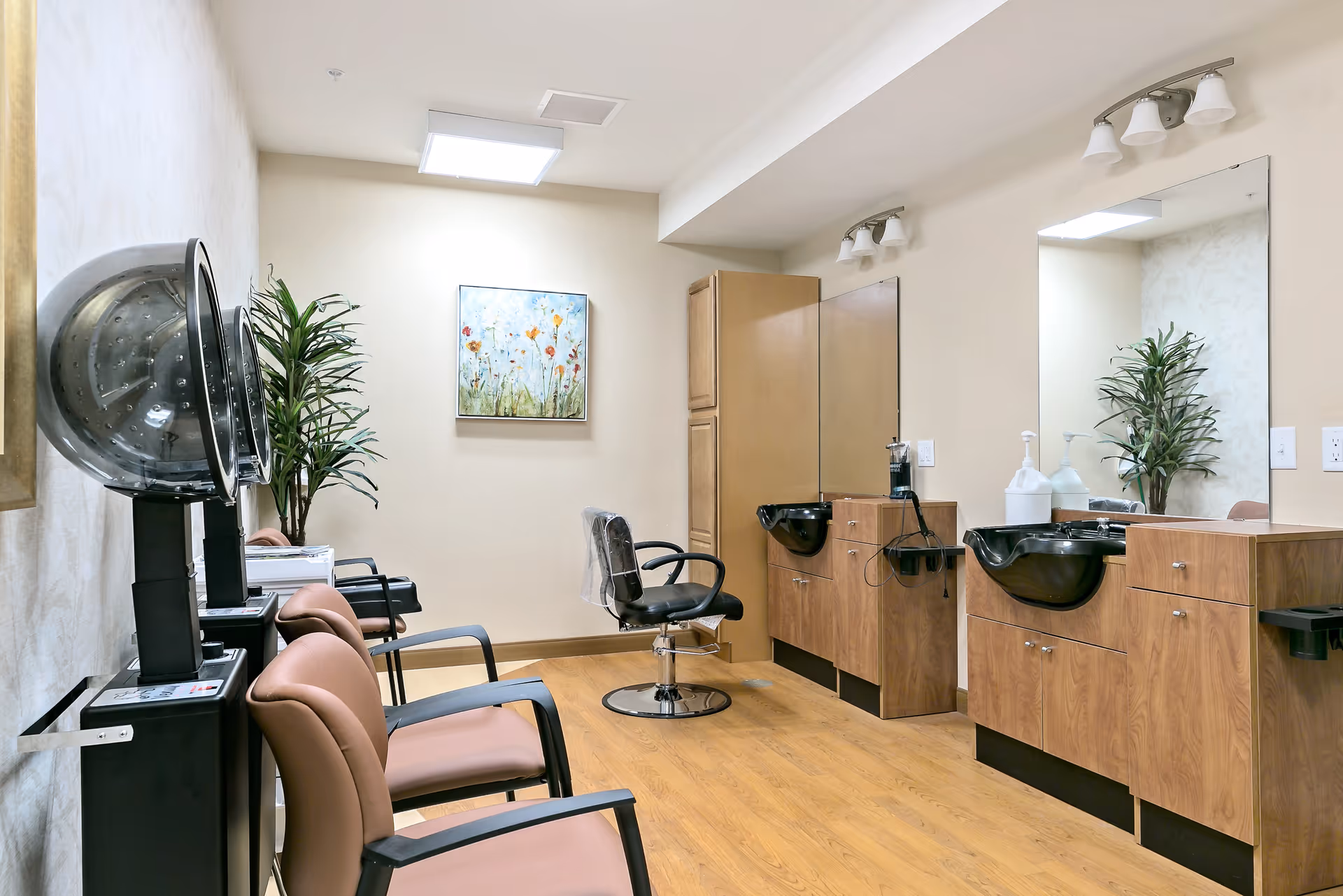Interior view of a salon area in an assisted living facility featuring two hair drying stations with chairs, a styling chair in front of a large mirror, wooden cabinets with black sinks, a potted plant, and a floral painting on the wall.
